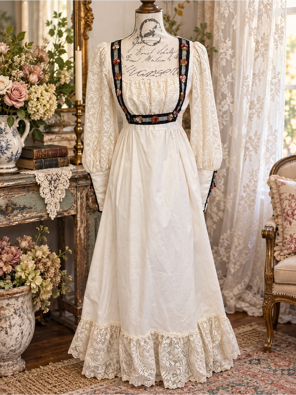 Vintage Gunne Sax Jessica Prairie Maxi Dress Ivory Lace Floral Ribbon Sz 9
